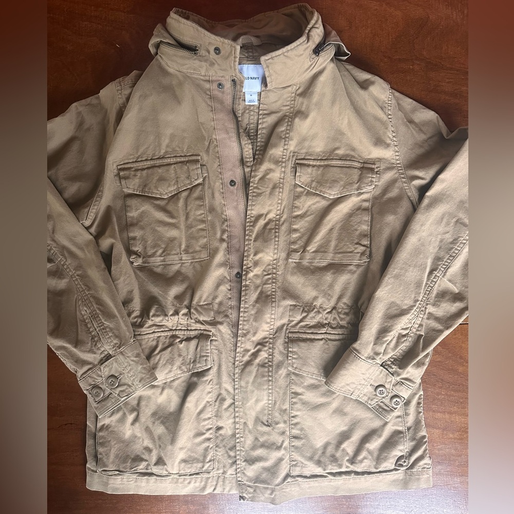 Old Navy M65 Four Pocket Military Style Field Jacket Khaki Tan Hood Women Medium